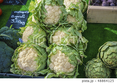 Fresh cauliflower, broccoli and artichoke on the 48864125