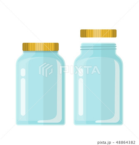Empty glass transparent jar with gold lid. 48864382