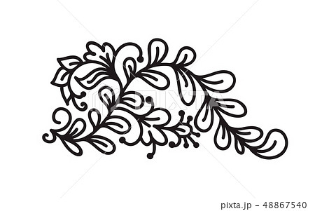 Black monoline flourish scandinavian monogram vector with leaves and flowers. Corners and dividers 48867540