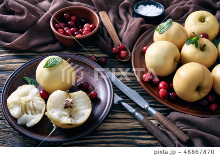Pickled apples served on a clay plates Pickled apples served on a clay plates 48867870
