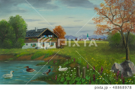 Ducks by the pond with a house in front of a Ducks by the pond with a house in front of a 48868978