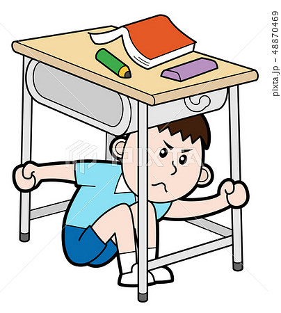 地震で机の下に避難する少年 白背景のイラスト素材