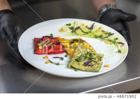 Pancakes of different color on a plate. We prepare with children Pancakes of different color on a plate. We prepare with children 48871902