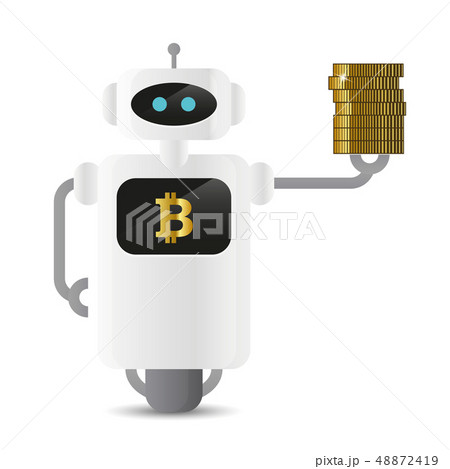 cute robot holding bitcoin golden coins in his hand 48872419