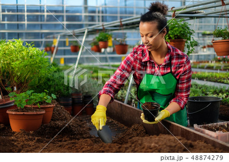 Black woman working in a botanical garden 48874279