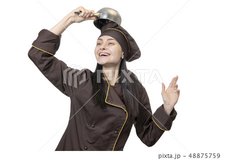 dancing cook with pan 48875759