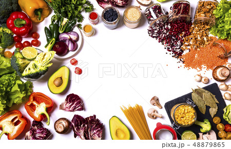 Fruit and vegetables, healthy food, dieting, flat lay on rustic table, free copy space 48879865