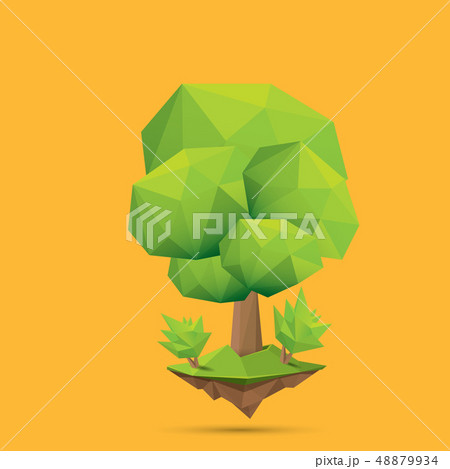 summer green low poly style tree isolated on orange background. Abstract Green tree design element 48879934