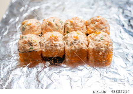 Japanese baked roll . Baking roll. Plate for roasting rolls 48882214