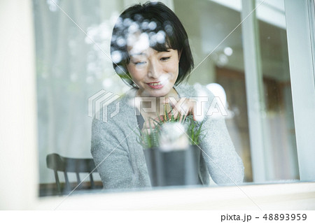 多肉植物を愛でる30代女性 48893959