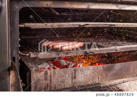food, delicious and meat dishes concept - Horse sausages prepared on barbeque 48897829