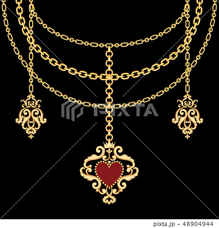 Background with chains golden metallic necklace and pendant with heart. On black 48904944