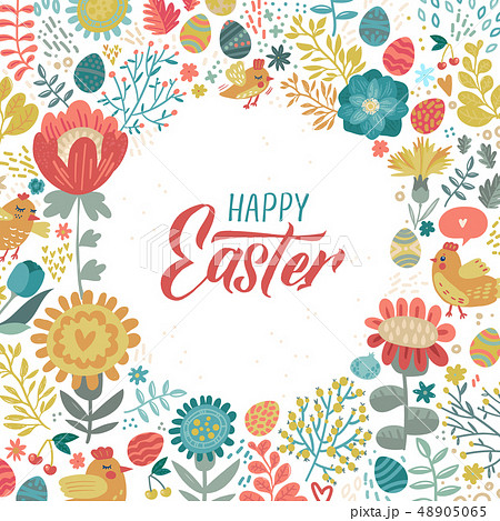 Happy Easter modern brush calligraphy. Ink illustration. Isolated on floral background. - Vector 48905065