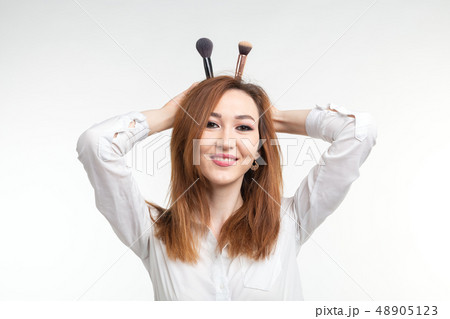 Beauty makeup artist. Portrait of korean beautiful young woman pretty smiling fooling around with 48905123