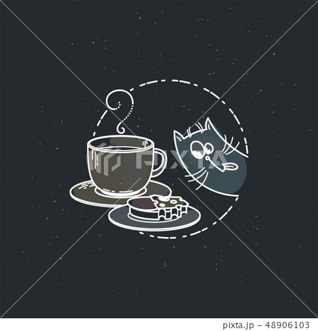 Vector card with cute cat with cup and a sandwich. Vector card with cute cat with cup and a sandwich. 48906103