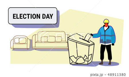 election day concept construction worker in uniform man voter putting paper ballot list in box election day concept construction worker in uniform man voter putting paper ballot list in box 48911380