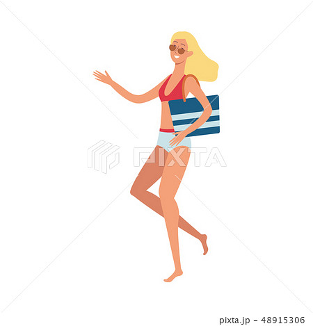 Vector flat cute woman in swimsuit stands smiling Vector flat cute woman in swimsuit stands smiling 48915306