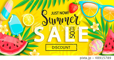 Sale banner with symbols for summer time. 48915789