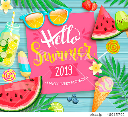 Hello summer 2019 pink card or banner. 48915792