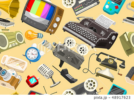 Vintage devices Seamless pattern. Retro tech media, Television tv, Audio radio music, Electronic Vintage devices Seamless pattern. Retro tech media, Television tv, Audio radio music, Electronic 48917623