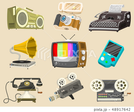 Vintage devices icons. Retro tech media, Television tv, Audio radio music, Electronic sound 48917642