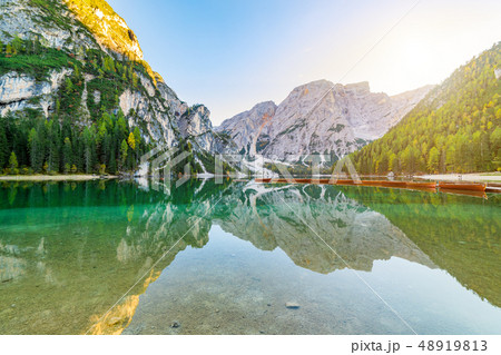 Lake Braies Pragser Wildsee in Dolomites at sunset, Sudtirol, Italy. 48919813