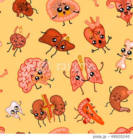 Cute organs Seamless pattern. Happy human, Set of smiling character. Cartoon kawaii icon. Healthy Cute organs Seamless pattern. Happy human, Set of smiling character. Cartoon kawaii icon. Healthy 48920240