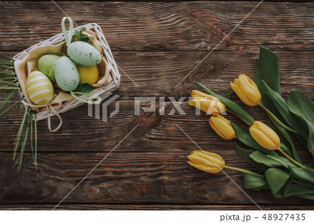 Top view of Easter holiday decoration on table Top view of Easter holiday decoration on table 48927435