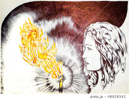 The girl at the candle with a fire elf 48928342