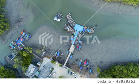 Aerial view top down of Longtail fishing boats Aerial view top down of Longtail fishing boats 48929262