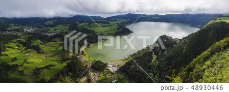 Panoramic landscape with aerial view on beautiful blue green crater lake Lagoa das Furnas and 48930446