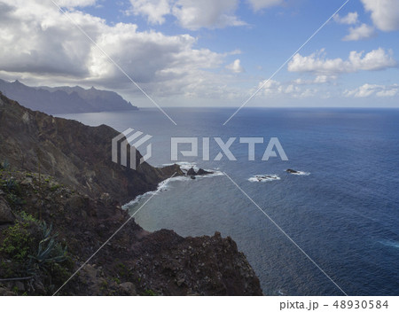 view on high hills and rocky cliffs in the atlantic ocean, sea dramatic blue sky with white clouds 48930584