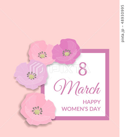 8 March Happy international womens day Greeting Card design. Pink text on white frame and pastel 48930995