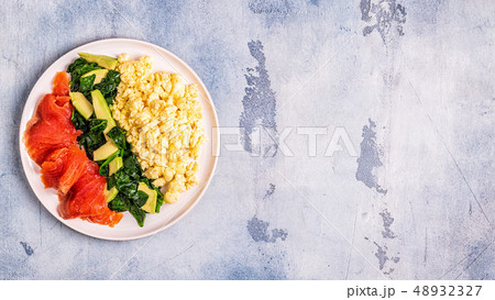 Ketogenic diet breakfast, scrambled eggs, salmon, 48932327