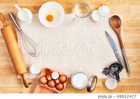 Food ingredients and kitchen utensils background 48932427