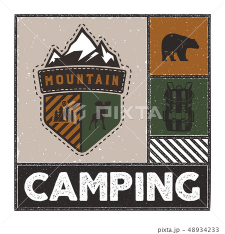 Vintage Hand drawn adventure illustration with camp logo, deer, backpack, bear and quote - Mountain Vintage Hand drawn adventure illustration with camp logo, deer, backpack, bear and quote - Mountain 48934233
