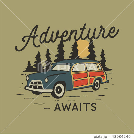 Vintage hand drawn travel badge with camp car, pine trees forest and quote - Adventure awaits. Old Vintage hand drawn travel badge with camp car, pine trees forest and quote - Adventure awaits. Old 48934246