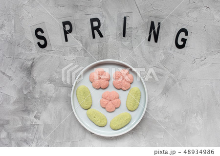 SPRING word and flower cookies on a plate SPRING word and flower cookies on a plate 48934986