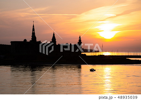 Kronborg castle silhouette in Helsingor at sunset 48935039