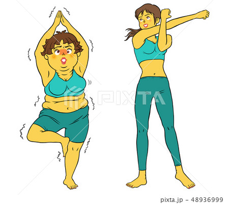 ダイエットヨガをする、スリムな女性とぽっちゃり女性 ダイエットヨガをする、スリムな女性とぽっちゃり女性 48936999