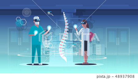 doctors couple wearing digital glasses looking virtual reality spine human organ anatomy healthcare 48937908