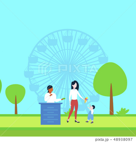 woman buying ice cream to his little son happy family walking city park mother and child having fun 48938097