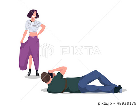 professional man photographer on lying pose shooting beautiful woman model posing modern photo 48938179