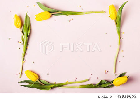Frame of beautiful yellow tulips. Holiday mock up 48939605