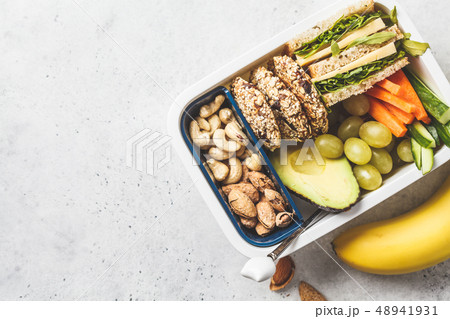 School healthy lunch box with sandwich, cookies School healthy lunch box with sandwich, cookies 48941931