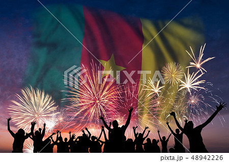 People are looking on fireworks and flag of People are looking on fireworks and flag of 48942226