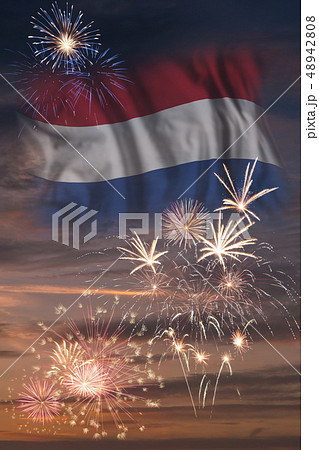 Fireworks and flag of Netherlands Fireworks and flag of Netherlands 48942808