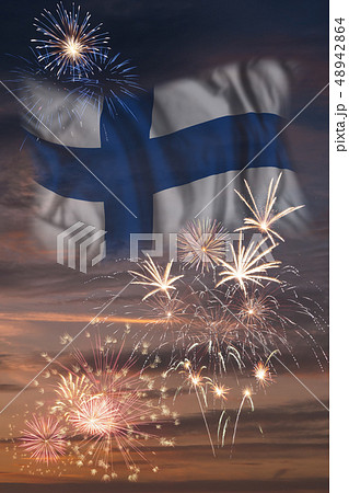 Fireworks and flag of Finland Fireworks and flag of Finland 48942864