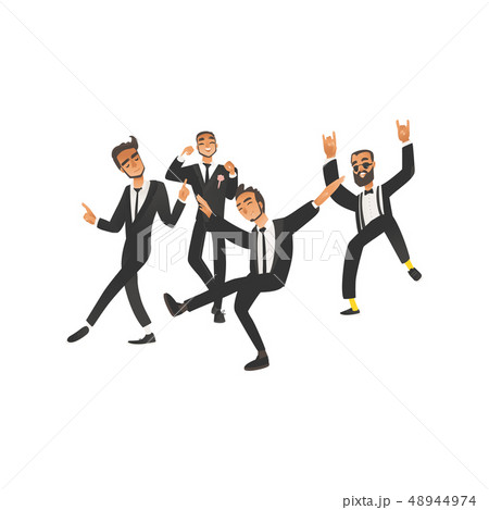 Dansing and happy groom and groomsman on wedding ceremony in flat cartoon style. Dansing and happy groom and groomsman on wedding ceremony in flat cartoon style. 48944974