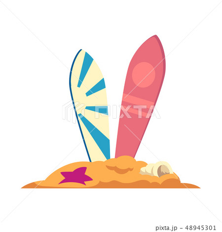 Two surfboards stand in the sand with a shell and a starfish. 48945301